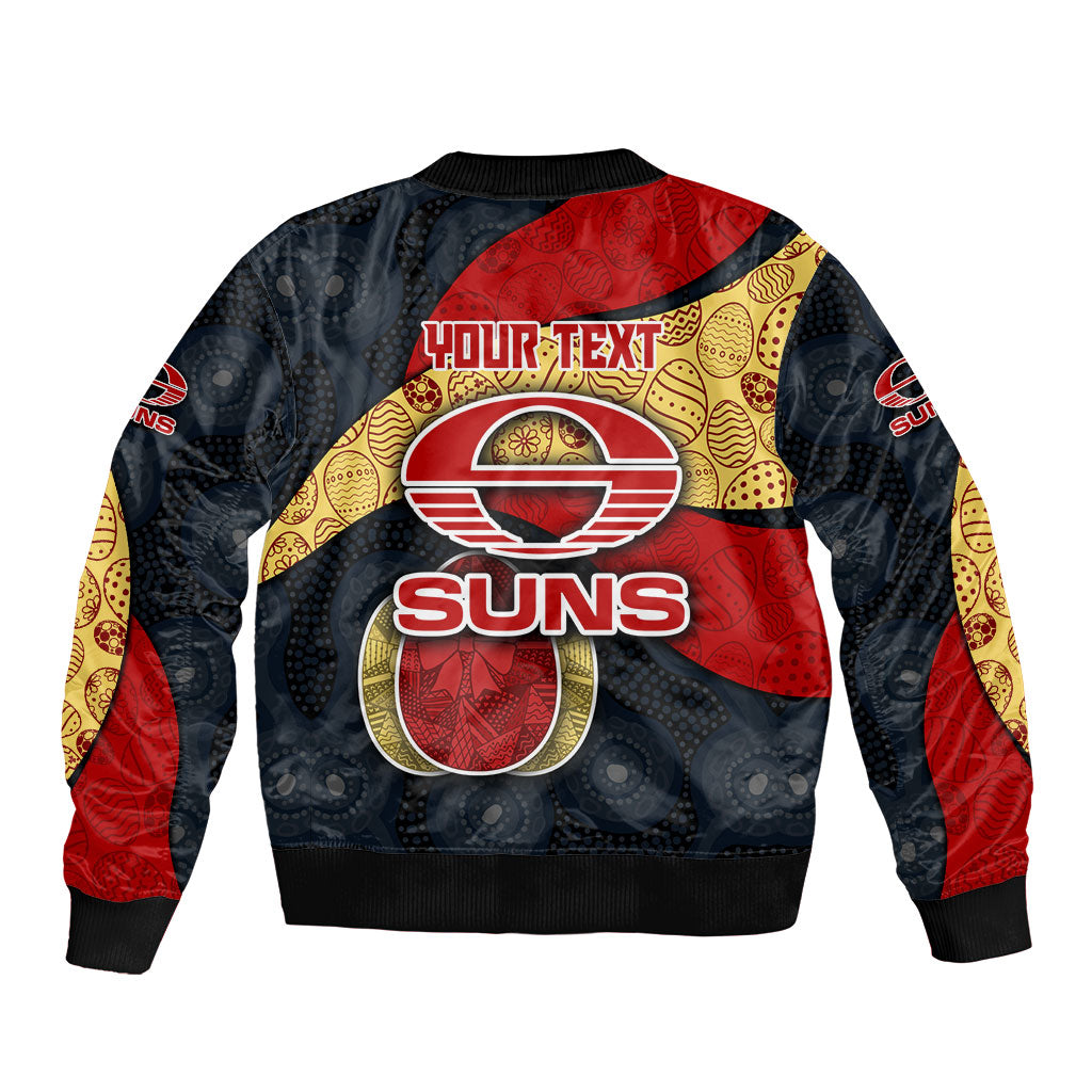Personalized Suns Football Sleeve Zip Bomber Jacket Easter Egg Pattern Red Yellow Tribal Dot Art Style