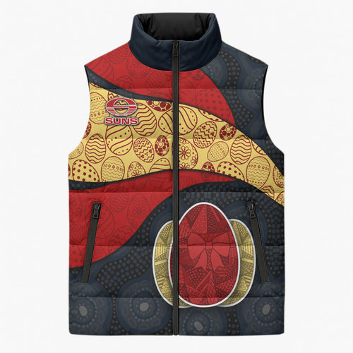 Personalized Suns Football Sleeveless Puffer Jacket Easter Egg Pattern Red Yellow Tribal Dot Art Style