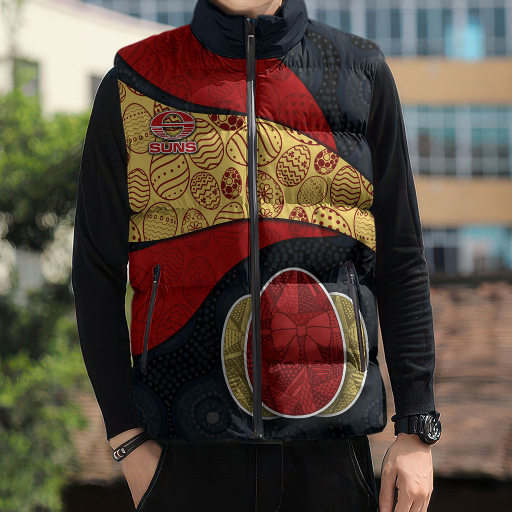 Personalized Suns Football Sleeveless Puffer Jacket Easter Egg Pattern Red Yellow Tribal Dot Art Style