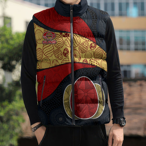 Personalized Suns Football Sleeveless Puffer Jacket Easter Egg Pattern Red Yellow Tribal Dot Art Style