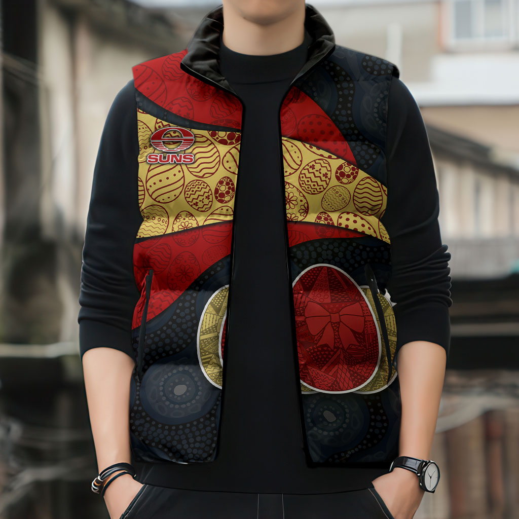 Personalized Suns Football Sleeveless Puffer Jacket Easter Egg Pattern Red Yellow Tribal Dot Art Style