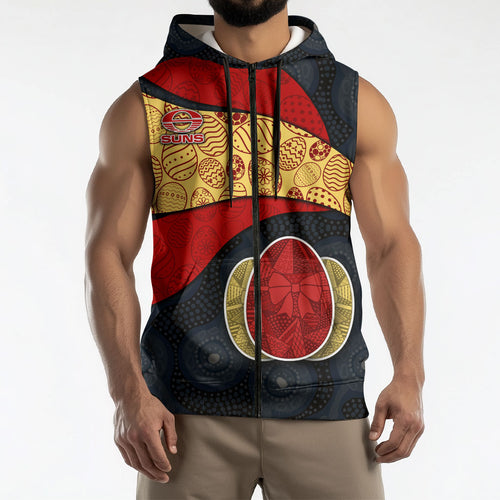 Personalized Suns Football Sleeveless Zip Hoodie Easter Egg Pattern Red Yellow Tribal Dot Art Style