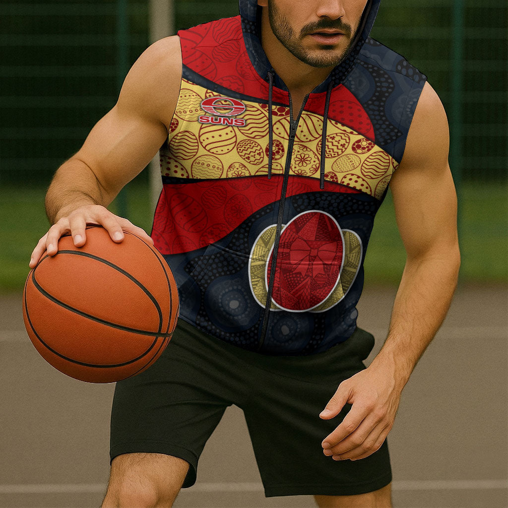 Personalized Suns Football Sleeveless Zip Hoodie Easter Egg Pattern Red Yellow Tribal Dot Art Style
