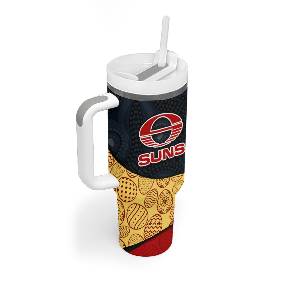 Personalized Suns Football Tumbler With Handle Easter Egg Pattern Red Yellow Tribal Dot Art Style