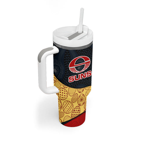 Personalized Suns Football Tumbler With Handle Easter Egg Pattern Red Yellow Tribal Dot Art Style