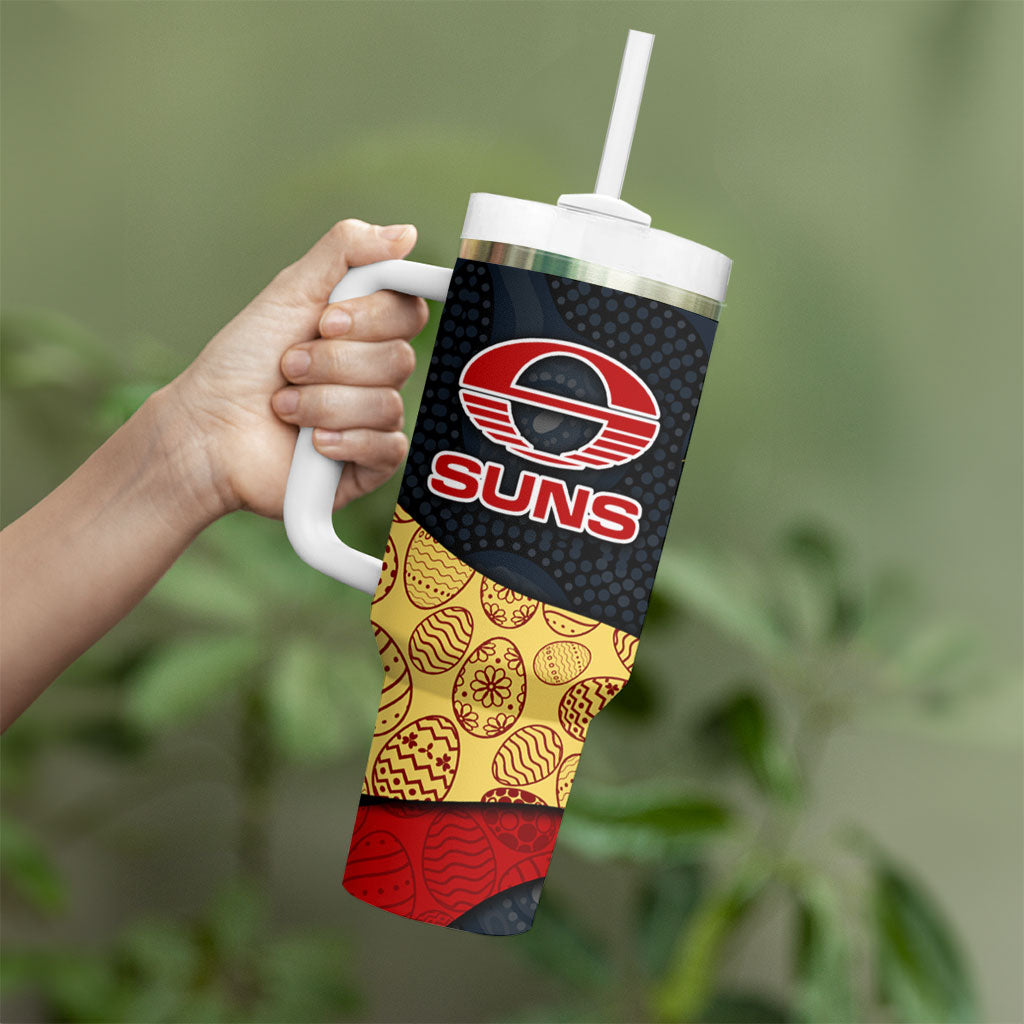 Personalized Suns Football Tumbler With Handle Easter Egg Pattern Red Yellow Tribal Dot Art Style