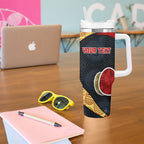 Personalized Suns Football Tumbler With Handle Easter Egg Pattern Red Yellow Tribal Dot Art Style