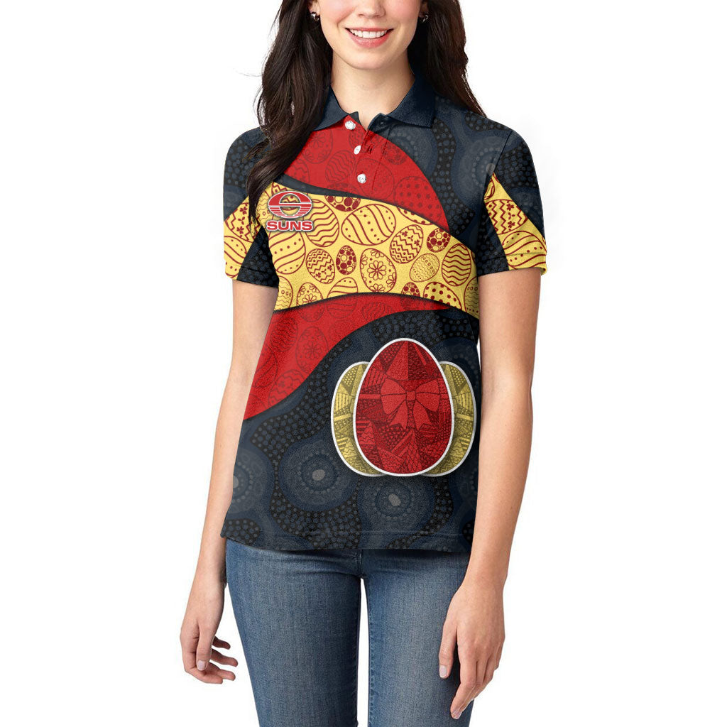 Personalized Suns Football Women Polo Shirt Easter Egg Pattern Red Yellow Tribal Dot Art Style
