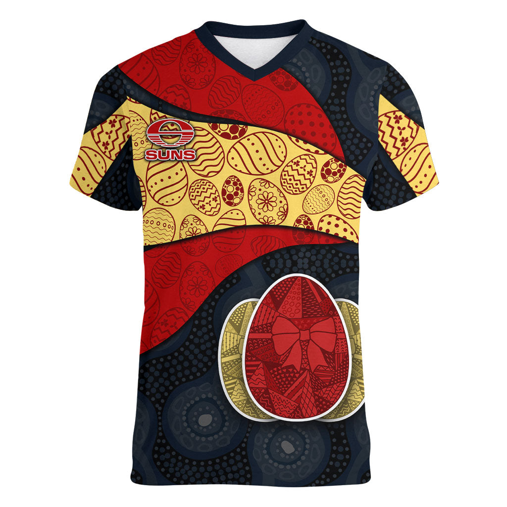 Personalized Suns Football Women V-Neck T-Shirt Easter Egg Pattern Red Yellow Tribal Dot Art Style
