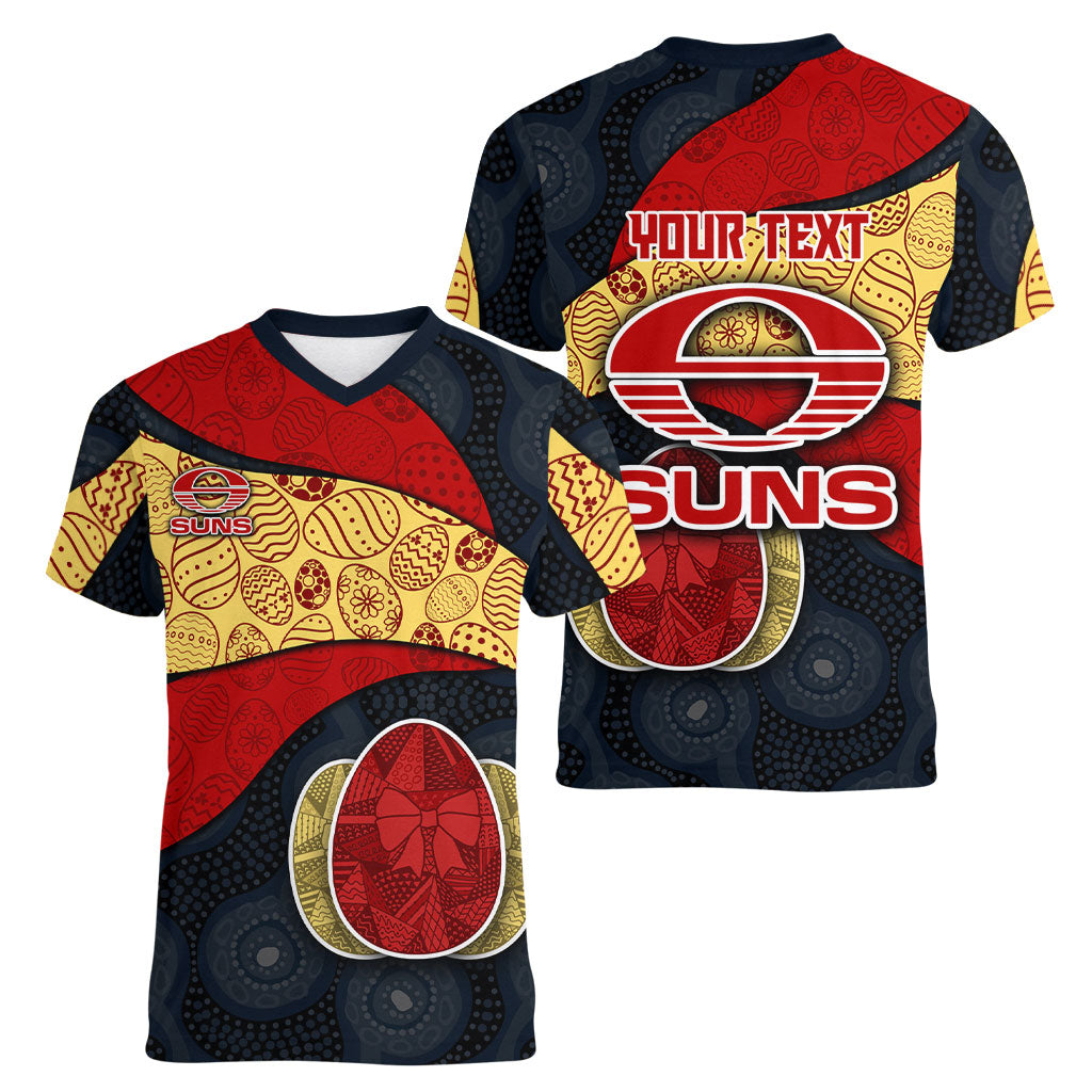 Personalized Suns Football Women V-Neck T-Shirt Easter Egg Pattern Red Yellow Tribal Dot Art Style