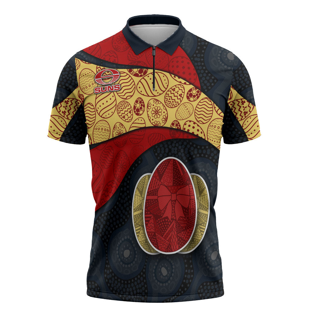 Personalized Suns Football Zipper Polo Shirt Easter Egg Pattern Red Yellow Tribal Dot Art Style