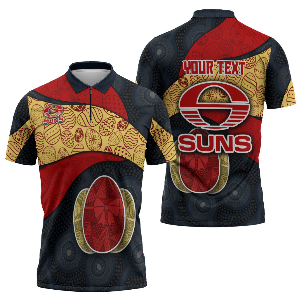 Personalized Suns Football Zipper Polo Shirt Easter Egg Pattern Red Yellow Tribal Dot Art Style