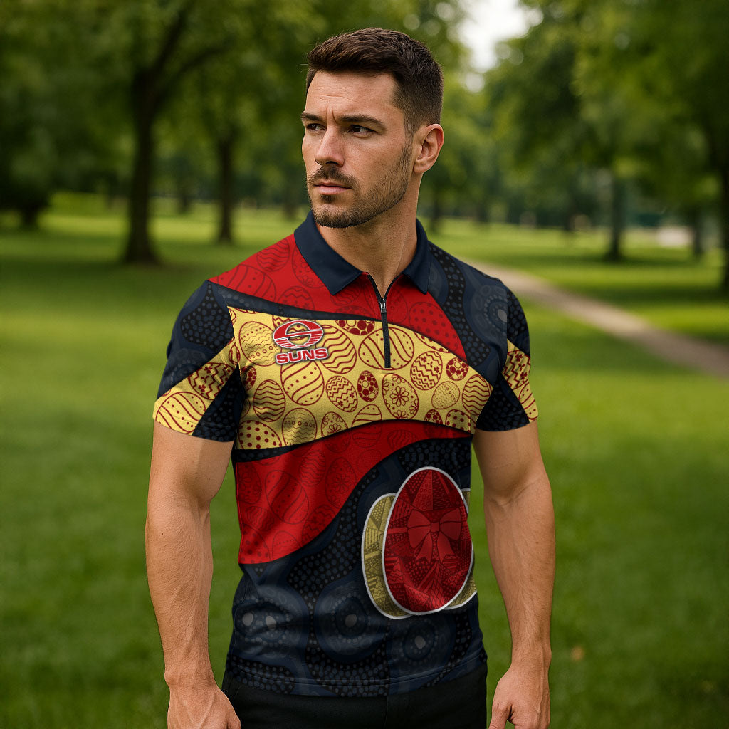Personalized Suns Football Zipper Polo Shirt Easter Egg Pattern Red Yellow Tribal Dot Art Style