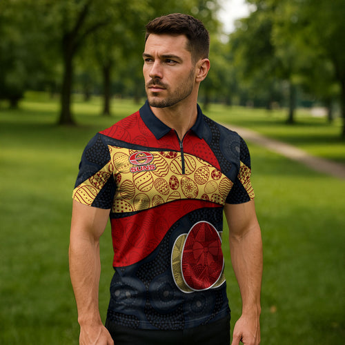 Personalized Suns Football Zipper Polo Shirt Easter Egg Pattern Red Yellow Tribal Dot Art Style