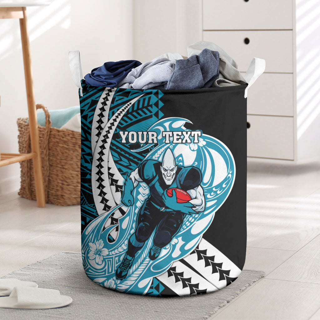 Personalized Port Adelaide Power Laundry Basket Polynesian Tribal Lightning Bolt Mascot With Hibiscus Floral Art