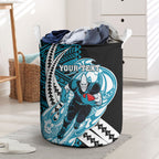 Personalized Port Adelaide Power Laundry Basket Polynesian Tribal Lightning Bolt Mascot With Hibiscus Floral Art