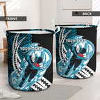 Personalized Port Adelaide Power Laundry Basket Polynesian Tribal Lightning Bolt Mascot With Hibiscus Floral Art