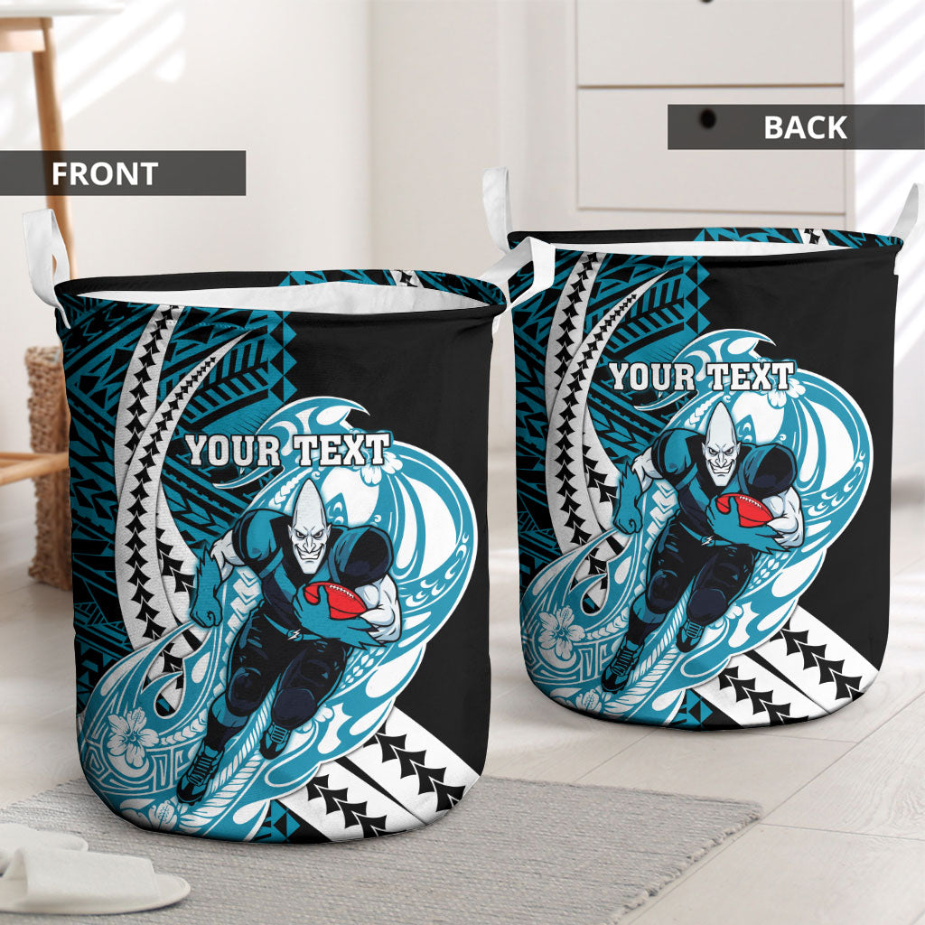 Personalized Port Adelaide Power Laundry Basket Polynesian Tribal Lightning Bolt Mascot With Hibiscus Floral Art