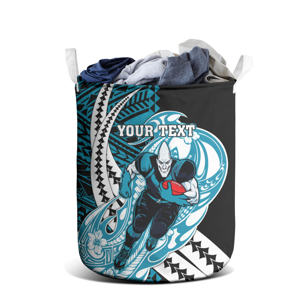 Personalized Port Adelaide Power Laundry Basket Polynesian Tribal Lightning Bolt Mascot With Hibiscus Floral Art