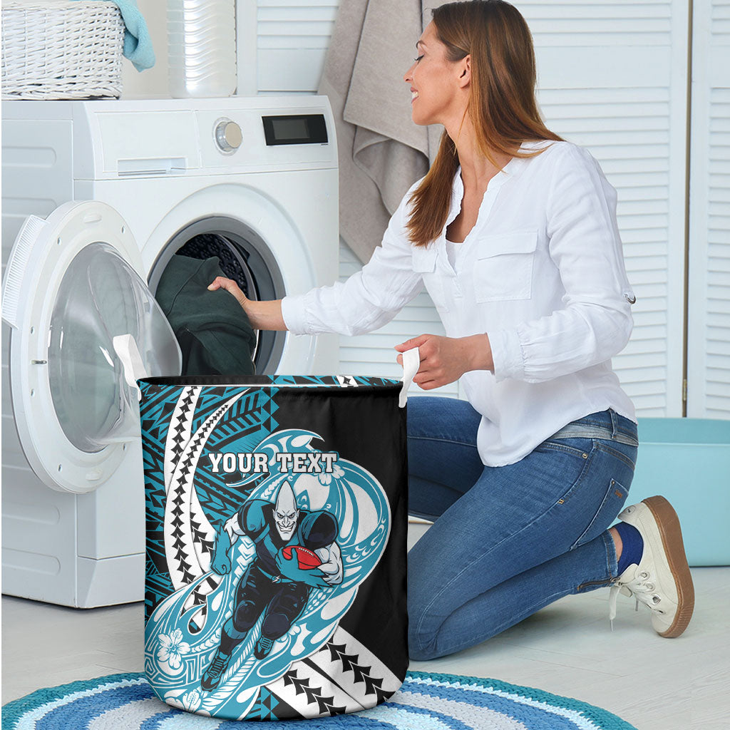 Personalized Port Adelaide Power Laundry Basket Polynesian Tribal Lightning Bolt Mascot With Hibiscus Floral Art