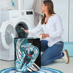 Personalized Port Adelaide Power Laundry Basket Polynesian Tribal Lightning Bolt Mascot With Hibiscus Floral Art