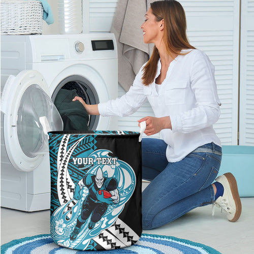 Personalized Port Adelaide Power Laundry Basket Polynesian Tribal Lightning Bolt Mascot With Hibiscus Floral Art