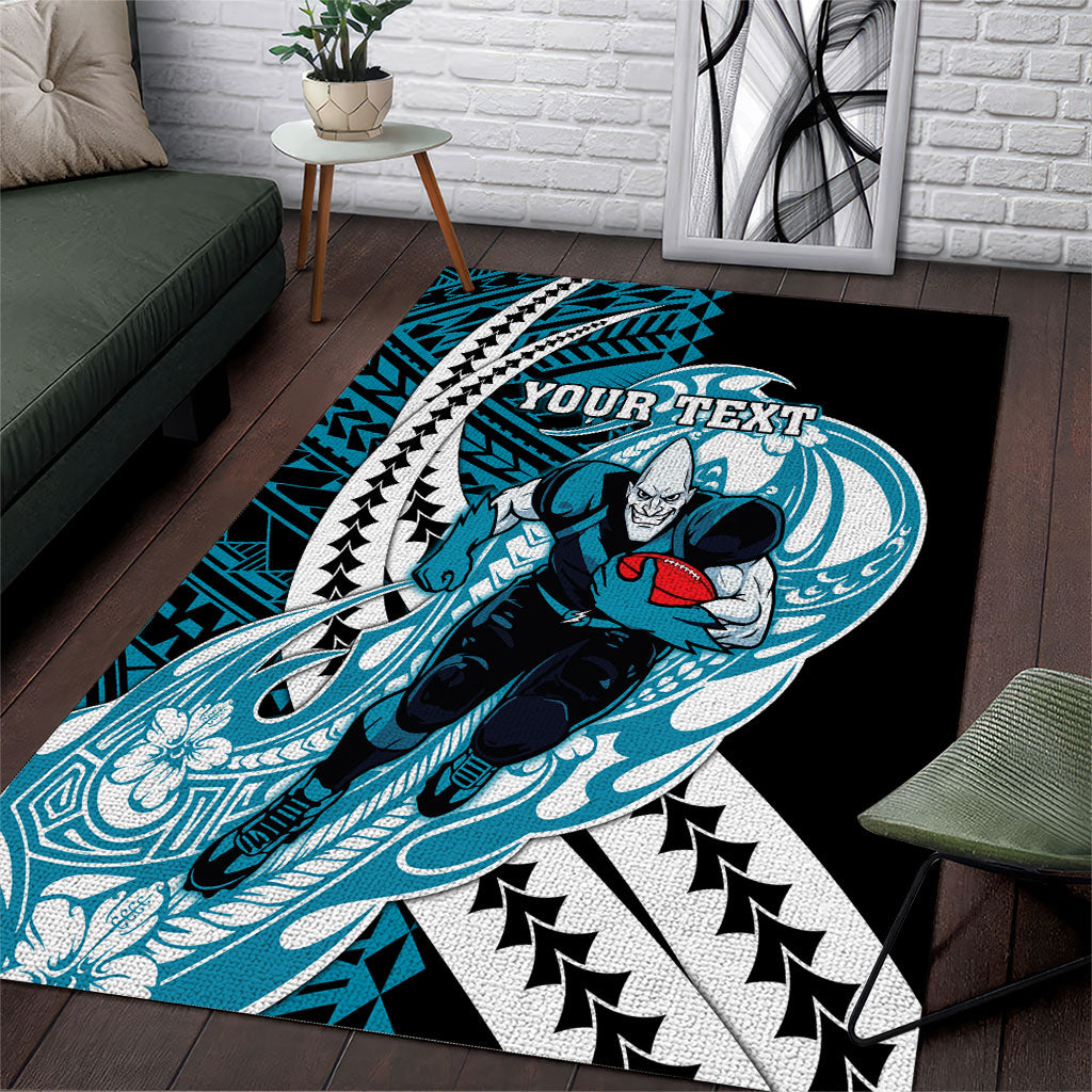 Personalized Port Adelaide Power Area Rug Polynesian Tribal Lightning Bolt Mascot With Hibiscus Floral Art