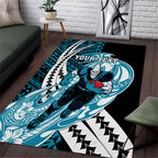 Personalized Port Adelaide Power Area Rug Polynesian Tribal Lightning Bolt Mascot With Hibiscus Floral Art