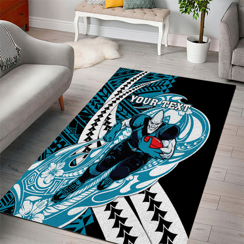 Personalized Port Adelaide Power Area Rug Polynesian Tribal Lightning Bolt Mascot With Hibiscus Floral Art