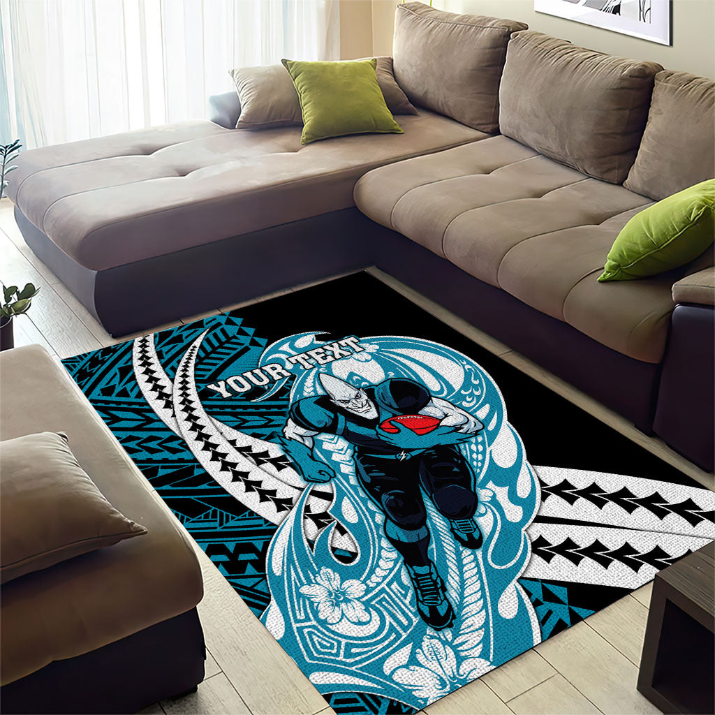Personalized Port Adelaide Power Area Rug Polynesian Tribal Lightning Bolt Mascot With Hibiscus Floral Art