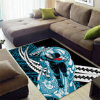 Personalized Port Adelaide Power Area Rug Polynesian Tribal Lightning Bolt Mascot With Hibiscus Floral Art