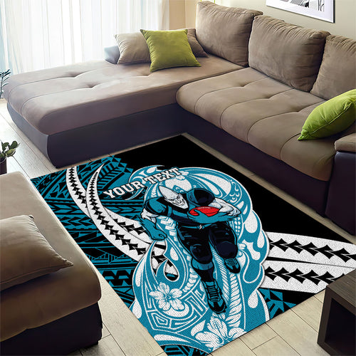 Personalized Port Adelaide Power Area Rug Polynesian Tribal Lightning Bolt Mascot With Hibiscus Floral Art