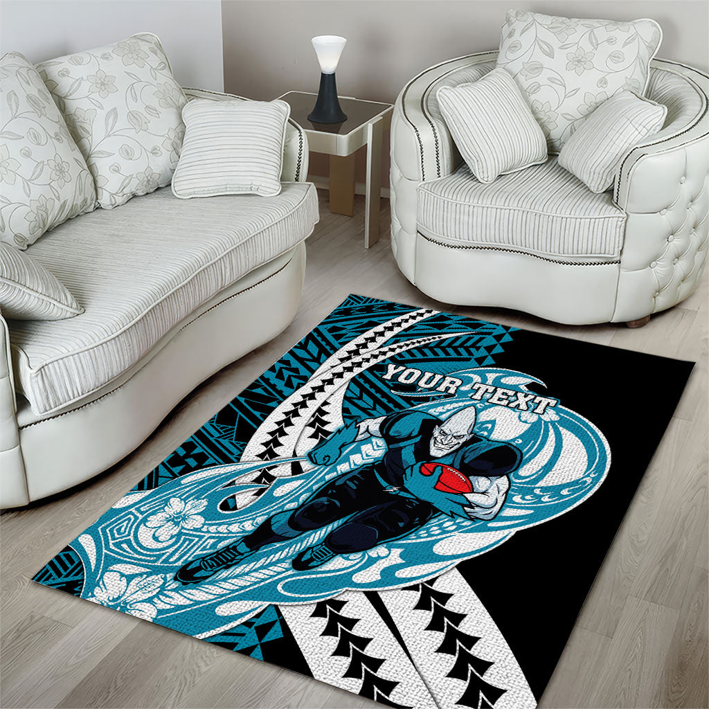 Personalized Port Adelaide Power Area Rug Polynesian Tribal Lightning Bolt Mascot With Hibiscus Floral Art