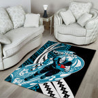 Personalized Port Adelaide Power Area Rug Polynesian Tribal Lightning Bolt Mascot With Hibiscus Floral Art