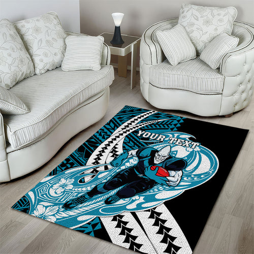 Personalized Port Adelaide Power Area Rug Polynesian Tribal Lightning Bolt Mascot With Hibiscus Floral Art