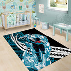 Personalized Port Adelaide Power Area Rug Polynesian Tribal Lightning Bolt Mascot With Hibiscus Floral Art