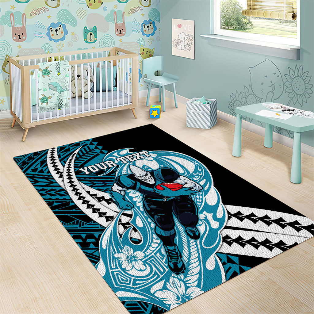 Personalized Port Adelaide Power Area Rug Polynesian Tribal Lightning Bolt Mascot With Hibiscus Floral Art