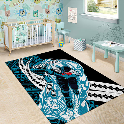 Personalized Port Adelaide Power Area Rug Polynesian Tribal Lightning Bolt Mascot With Hibiscus Floral Art