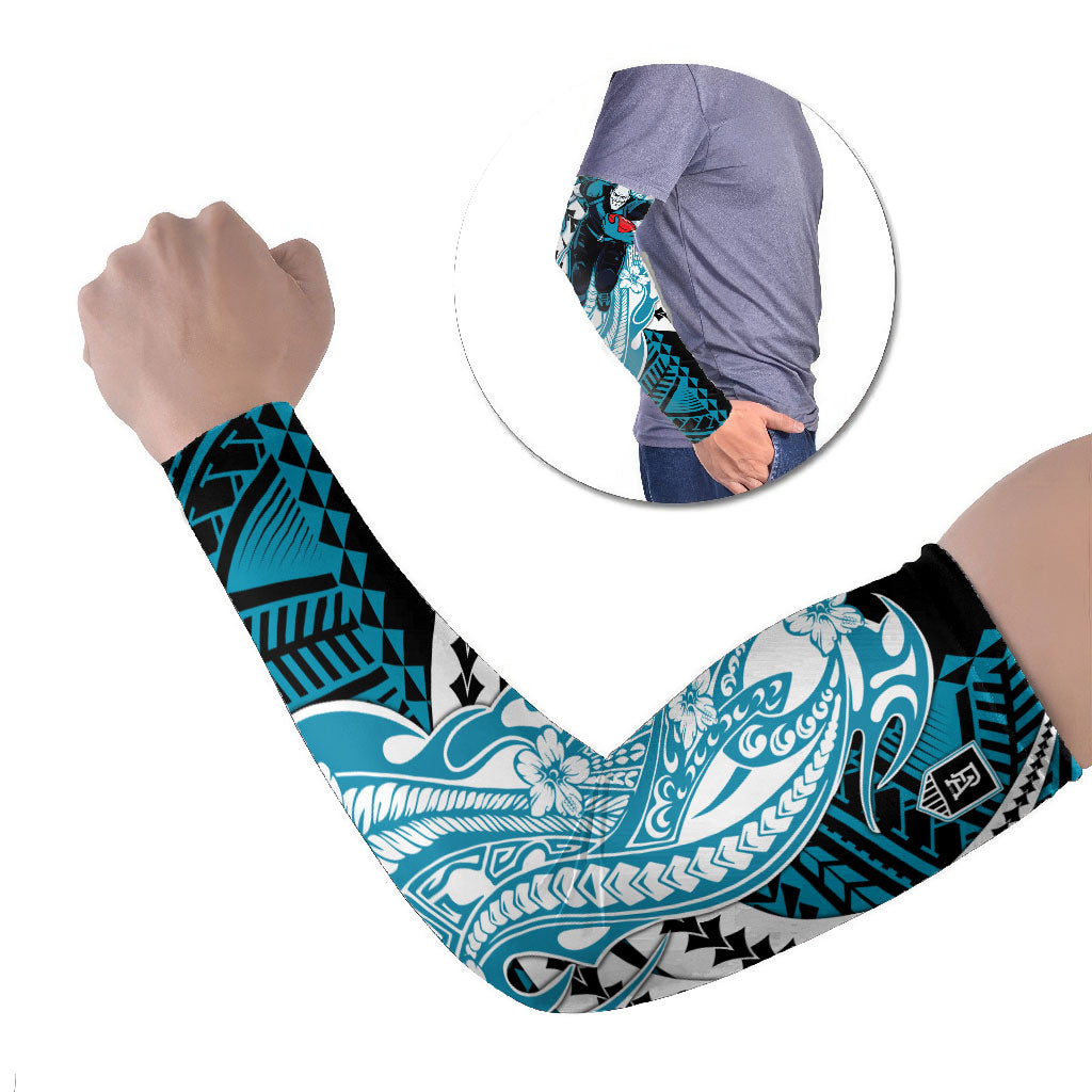 Personalized Port Adelaide Power Arm Sleeves Polynesian Tribal Lightning Bolt Mascot With Hibiscus Floral Art