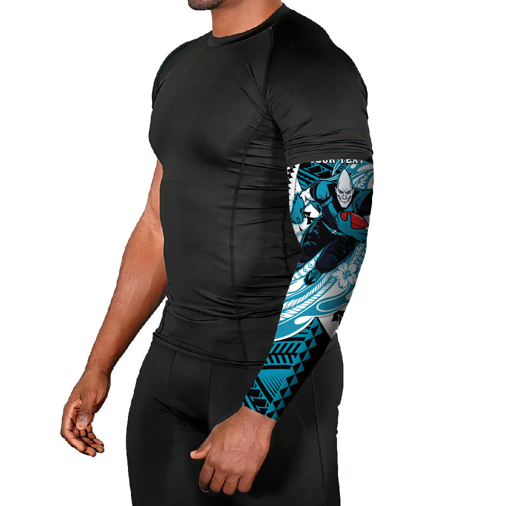 Personalized Port Adelaide Power Arm Sleeves Polynesian Tribal Lightning Bolt Mascot With Hibiscus Floral Art