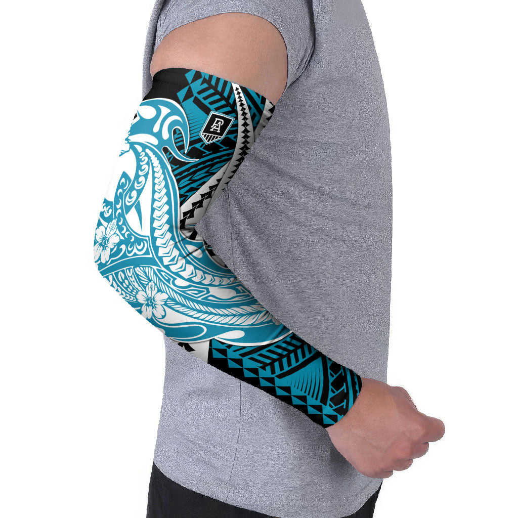 Personalized Port Adelaide Power Arm Sleeves Polynesian Tribal Lightning Bolt Mascot With Hibiscus Floral Art