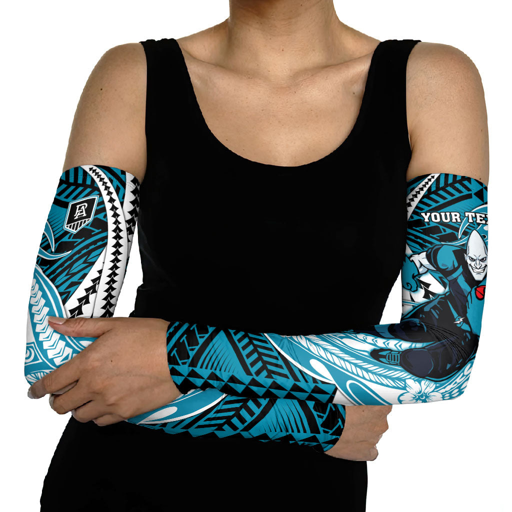 Personalized Port Adelaide Power Arm Sleeves Polynesian Tribal Lightning Bolt Mascot With Hibiscus Floral Art