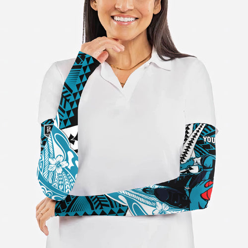 Personalized Port Adelaide Power Arm Sleeves Polynesian Tribal Lightning Bolt Mascot With Hibiscus Floral Art