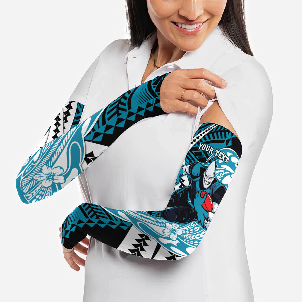 Personalized Port Adelaide Power Arm Sleeves Polynesian Tribal Lightning Bolt Mascot With Hibiscus Floral Art