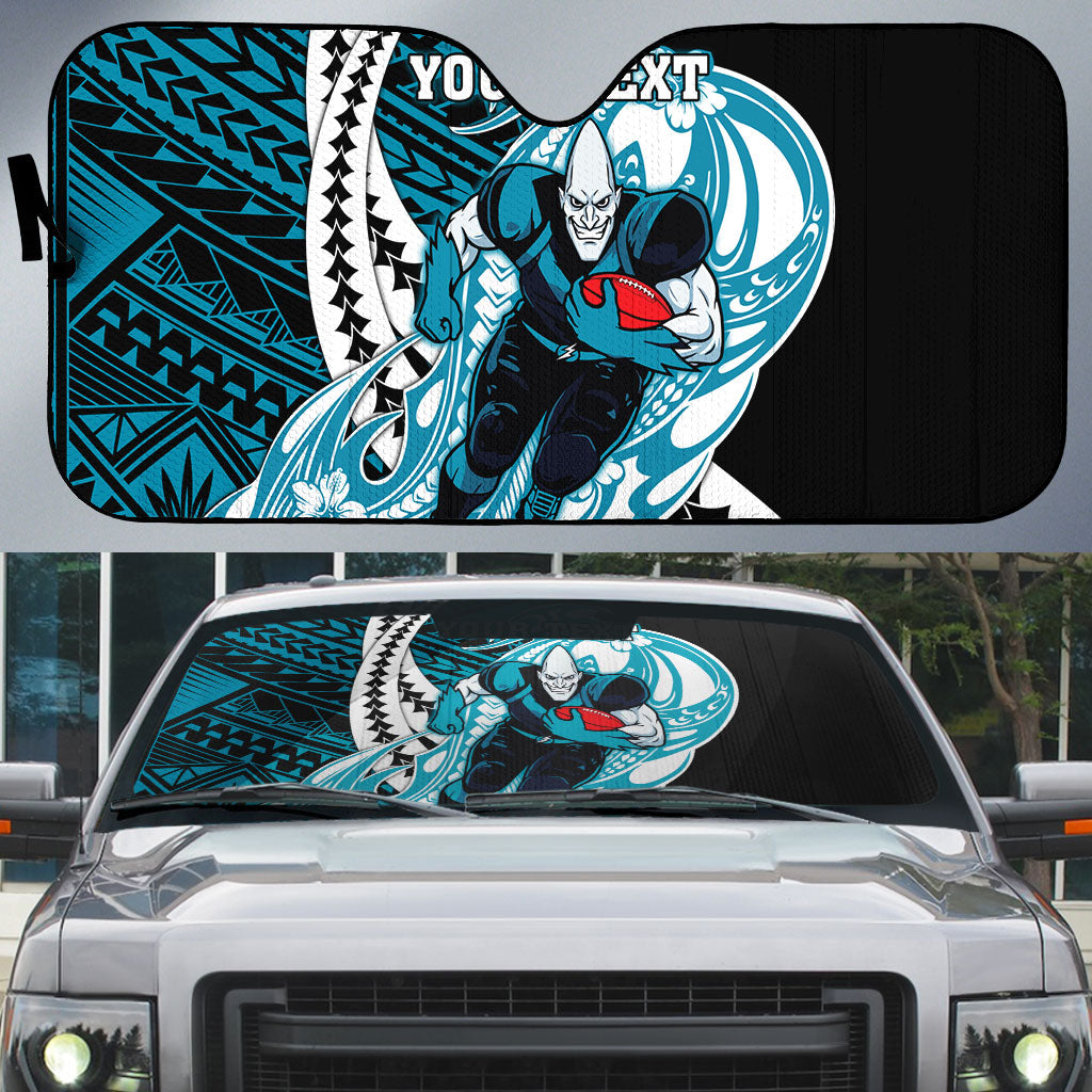 Personalized Port Adelaide Power Auto Sun Shade Polynesian Tribal Lightning Bolt Mascot With Hibiscus Floral Art