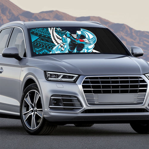 Personalized Port Adelaide Power Auto Sun Shade Polynesian Tribal Lightning Bolt Mascot With Hibiscus Floral Art