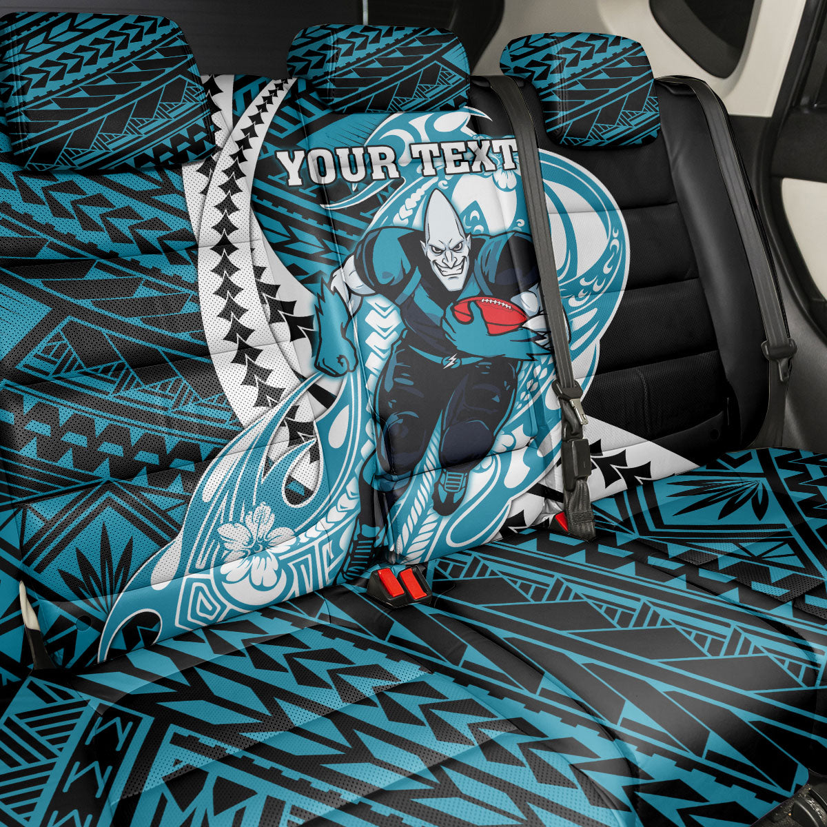 Personalized Port Adelaide Power Back Car Seat Cover Polynesian Tribal Lightning Bolt Mascot With Hibiscus Floral Art