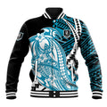 Personalized Port Adelaide Power Baseball Jacket Polynesian Tribal Lightning Bolt Mascot With Hibiscus Floral Art