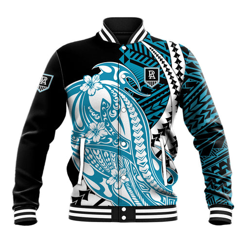 Personalized Port Adelaide Power Baseball Jacket Polynesian Tribal Lightning Bolt Mascot With Hibiscus Floral Art