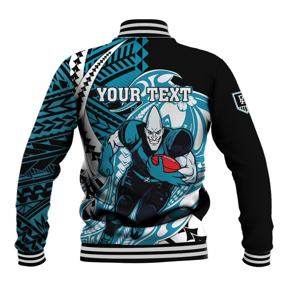 Personalized Port Adelaide Power Baseball Jacket Polynesian Tribal Lightning Bolt Mascot With Hibiscus Floral Art